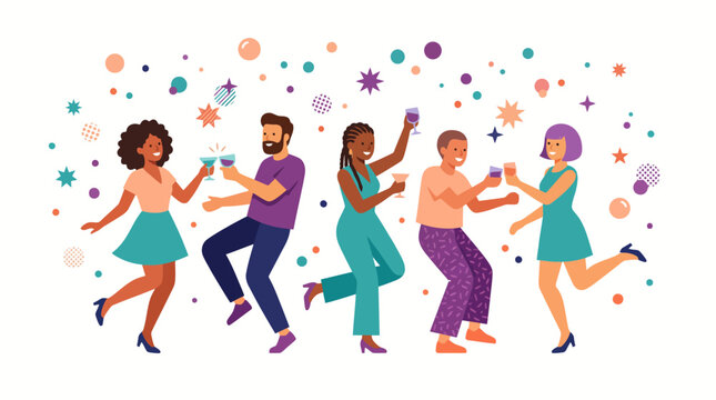 Group of diverse adults dancing and celebrating with colorful confetti at a lively party.