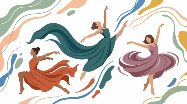 Vibrant abstract dancers swirl in flowing gowns in a dynamic performance.