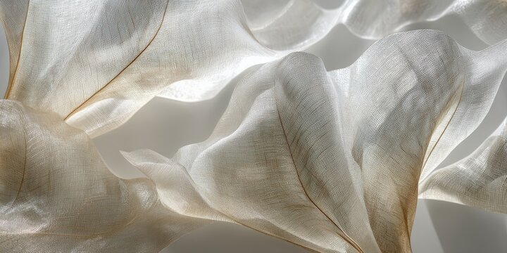 Soft, flowing, semi-transparent fabric curves in natural light. Abstract, ethereal aesthetic