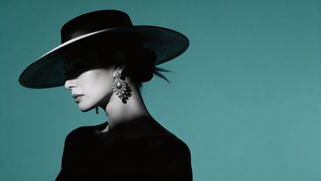 Stylized black-hat fashion portrait with statement earrings for editorial and luxury jewelry campaign use