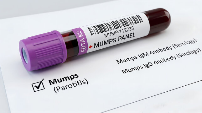 Mumps blood test tube on a clinical laboratory report for IgM and IgG antibody serology.