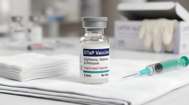 DTaP vaccine vial for Diphtheria, Tetanus, and Pertussis on a medical sterile surface with a syringe.