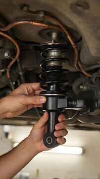 Mechanic installing a car shock absorber and coil spring suspension system in a professional auto repair shop