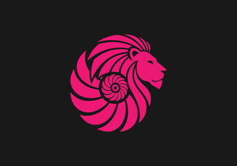 Pink lion head icon with spiral mane on dark background © yan