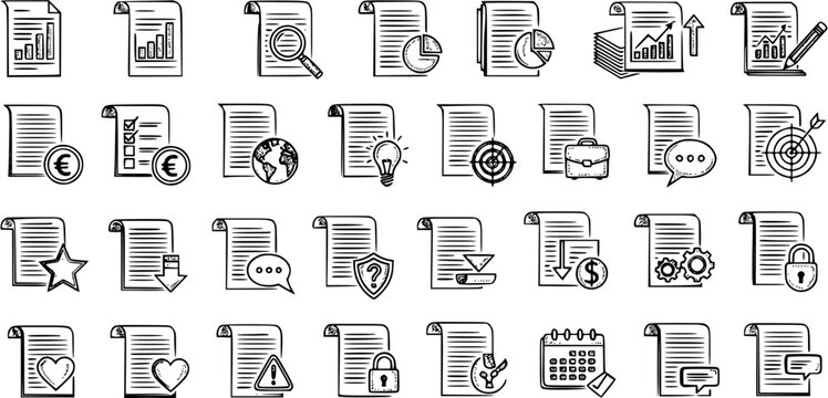 Hand drawn document icons set. Business, finance, data analysis, and office management related file concepts in sketch style.