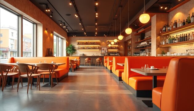 Modern restaurant interior has orange booths and wood tables. Bar area and shelves stocked with bottles and glassware. Bright contemporary dining space.