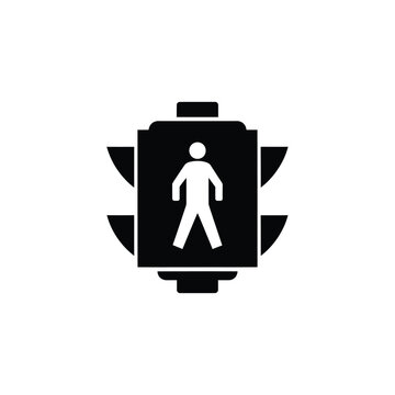 A black and white graphic of a pedestrian crossing signal with a white walking figure.