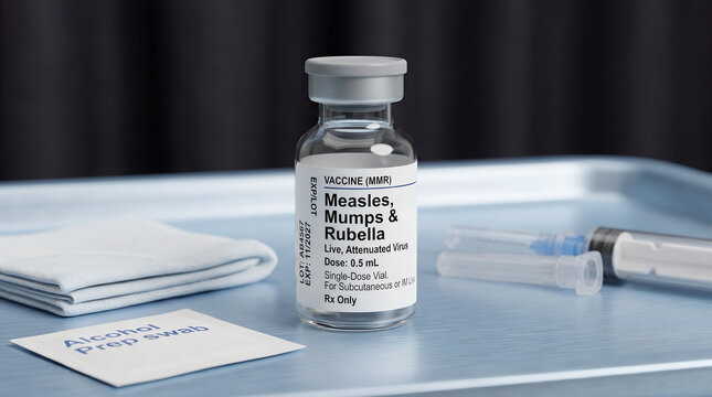 MMR vaccine vial for Measles, Mumps, and Rubella with alcohol prep swab and syringe on a medical tray.