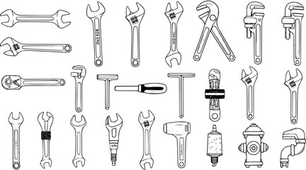 Hand-Drawn Plumbing Tools Collection: Wrenches, Pipe Cutters, and More - Vector Illustration © evalova