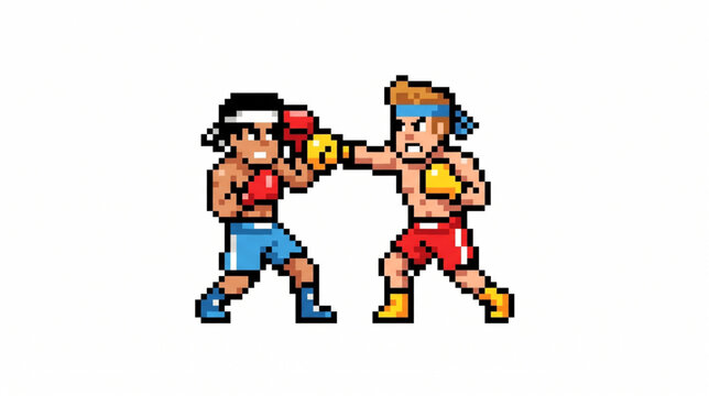 Pixel art boxers fighting in match, boxing athletes sparring 8-bit retro gaming style character
