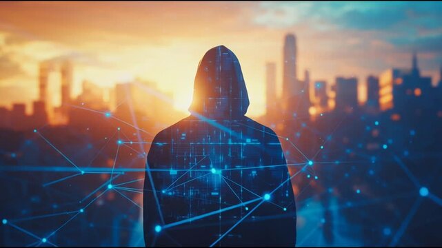Hacker are planning to hack and attack networks and cyber security systems and stands on the peak of success amid tall, innovative Smart city and graphs with statistics to analyze business potential