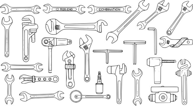 Assorted Hand Tools: Wrenches, Ratchet, Allen Wrench, Spark Plug,  More - Outline Illustration