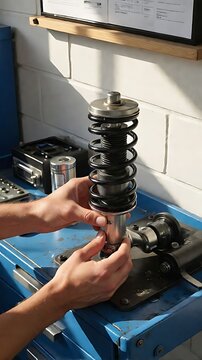 Mechanic assembling a coilover shock absorber in a workshop