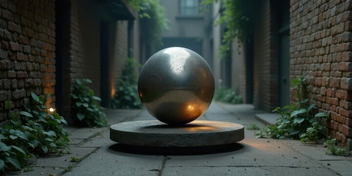 A metallic sphere rests on a stone platform in a dimly lit brick alleyway, illuminated by soft ambient light.