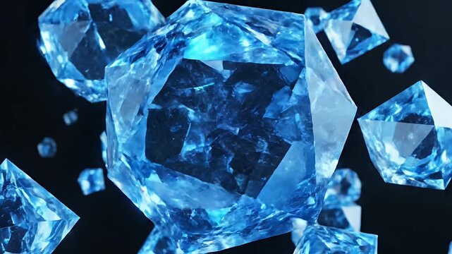 Abstract floating blue gemstones on black background digital render