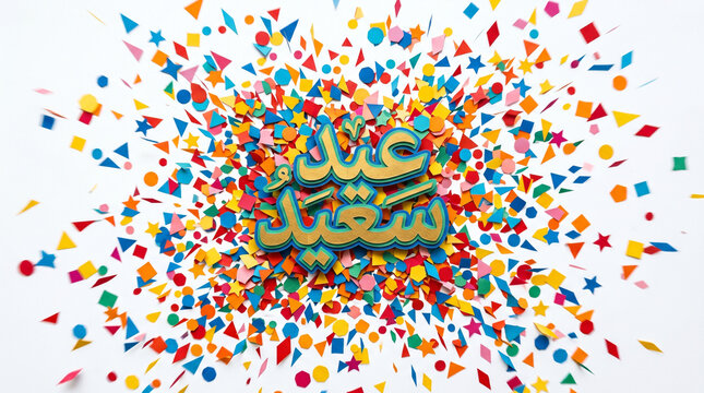 High Energy Festive Paper Cut Arabic Eid Saeed Text "عيد سعيد" Exploding with Colorful Geometric Confetti Shapes