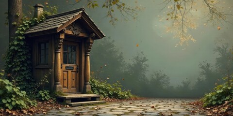 Naklejka premium Autumnal Enchantment A Rustic Wooden Doorway Beckons on a Misty Stone Path, Enveloped by Verdant Foliage and Falling Leaves