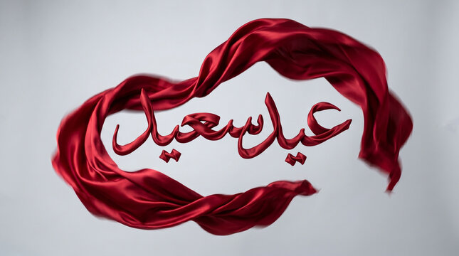 Fashion Luxury Aesthetic Flying Red Silk Fabric Magically Forming Arabic Eid Saeed Text Mid Air "عيد سعيد"