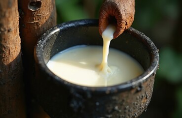 Naklejka premium Fresh white rubber latex drips from rubber tree trunk into old bowl. Natural liquid harvest for rubber production in tropical forest. Rural farming, raw material growth.