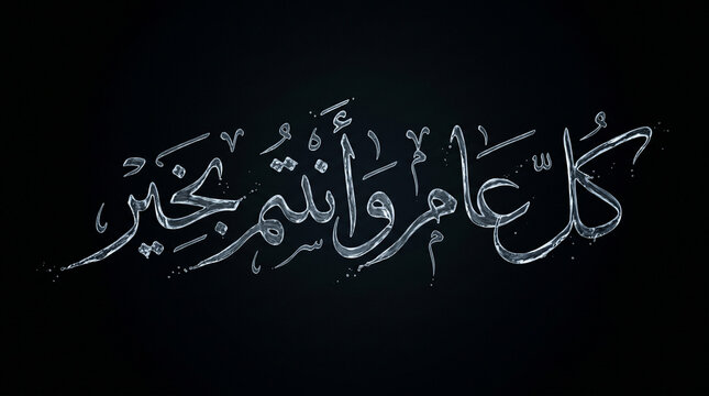 Minimalist Pure Concept Arabic Greeting Kull Aam Wa Antum Bikhair "كل عام وأنتم بخير" Written with Continuous Floating Water Stream, Black Background
