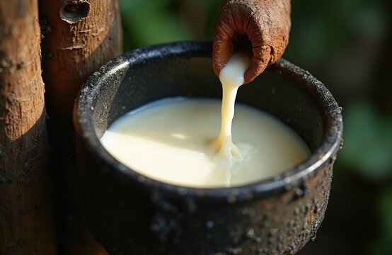 Fresh white rubber latex drips from rubber tree trunk into old bowl. Natural liquid harvest for rubber production in tropical forest. Rural farming, raw material growth.