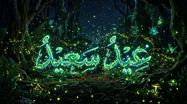 Magical Forest Vibe Glowing Bioluminescent Green Plant Vines Forming Arabic Eid Saeed Text "عيد سعيد" at Night
