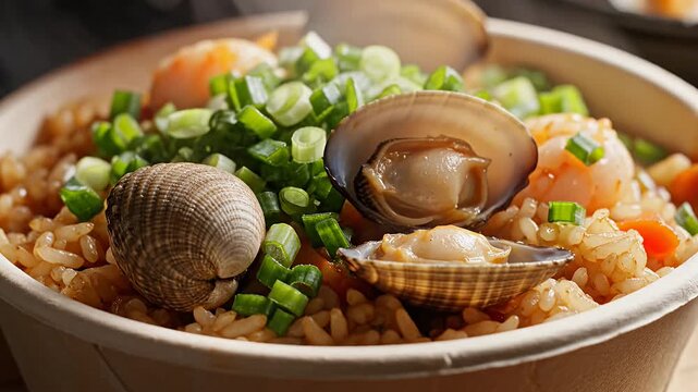 Close up of seafood rice bowl with green onions and shellfish