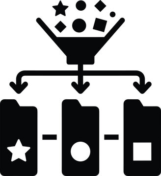 A funnel icon separating different geometric shapes into separate folders to represent data classification and information sorting process
