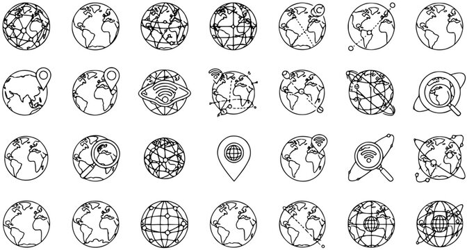 Global network and internet technology outline icons. Earth globe with communication, location, and search symbols for modern digital concepts.