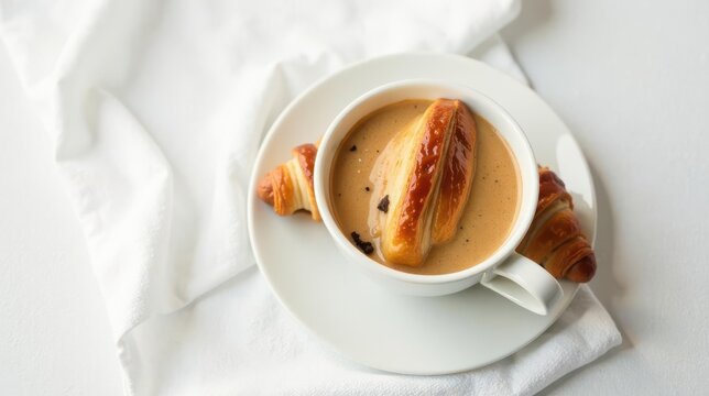 A delightful morning treat warm beverage with flaky pastries on a white tablecloth