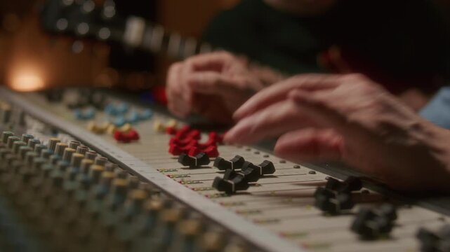 Hands of sound engineer adjusting faders on professional mixing console while musician playing guitar in blurred background during recording session in studio. Close-up, shallow focus shot