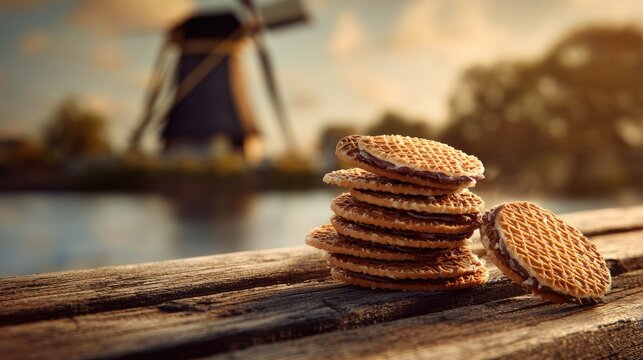 Stack of stroopwafels on wooden planks, windmill in background. Warm sunlight