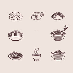 Fototapeta premium A charming collection of Japanese food icons featuring sushi, noodles, and other delicious dishes, perfect for culinary designs