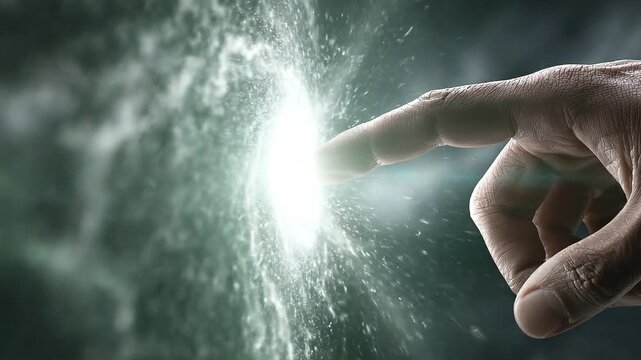 Man Touching Interactive Vertical Wall with Glowing Cosmic Nebula Waves