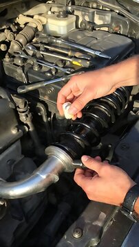 Mechanic adjusting a coilover suspension system in a car engine bay