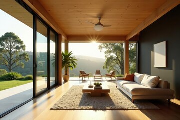 Fototapeta premium Modern minimalist living room design with panoramic nature views and sunlight streaming through large windows