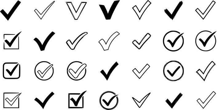 Diverse Checkmark Icons Set: Collection of solid, outlined, boxed, and circled tick marks for approval, completion, correct, yes, and voting symbols in UIUX design.