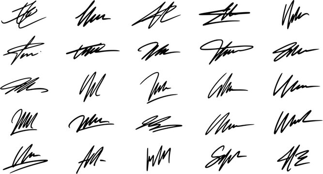 Diverse Collection of Abstract Black Signatures. Modern Handwritten Autograph Marks and Stylized Strokes on White Background, Ideal for Branding and Design Projects.