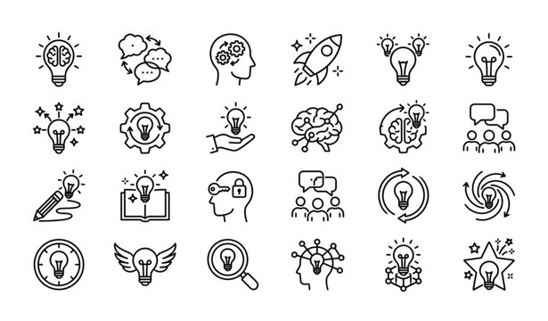 Creative brainstorm mind outline icon set with idea generation and innovation symbols