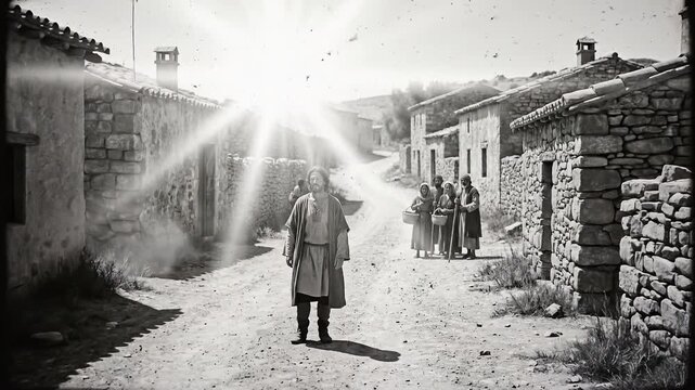Jesus walking faithfully on a dusty rural road