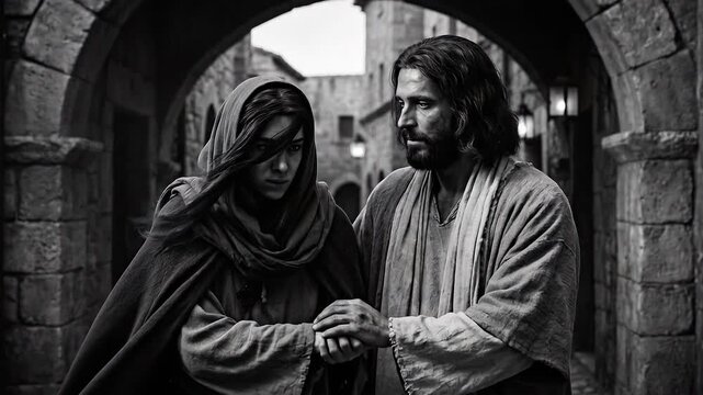 Jesus protecting a disciple in an ancient street