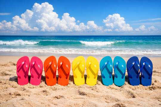 Colorful flip flops lined up on a tropical beach