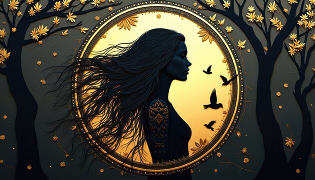 Dark silhouette of woman in ornate golden frame profile. Her long dark hair flows outward. Birds fly in yellow background near dark trees with gold leaves.