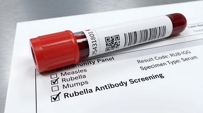 Positive Mumps IgG antibody serology report with a blood test tube in a laboratory.