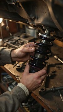Mechanic adjusting a coilover suspension shock absorber in a garage workshop
