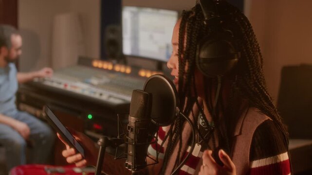 Young Asian female singer reading lyrics from smartphone screen and singing into condenser microphone during studio recording session, sound engineer operating mixing console in blurred background