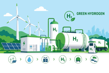 Fototapeta premium Green Hydrogen Energy Production and Storage Infographic Illustration