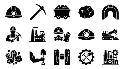 Mining Industry Icons Set: Essential Tools, Equipment, and Symbols of Mineral Extraction and Coal Production. © GJ