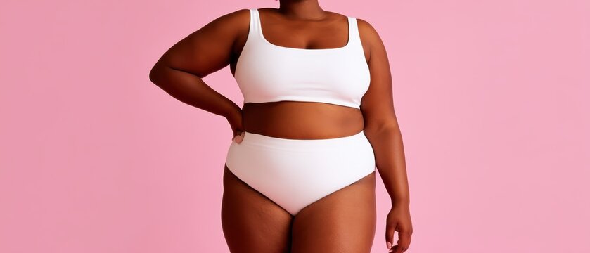 Woman in white underwear against a pink background