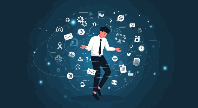 Businessman juggling global network of digital communication and data
